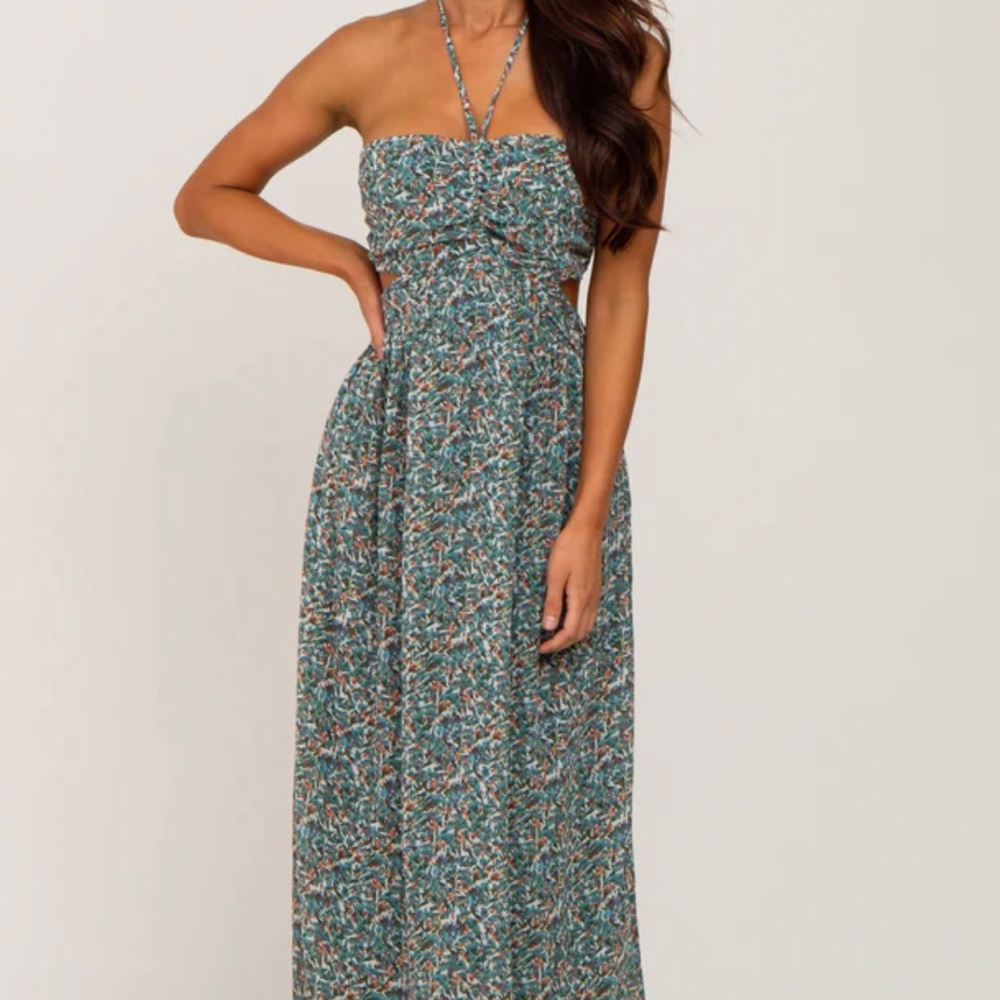 Forest Green Floral Chiffon Side Cutout Halter Maternity Maxi Dress
